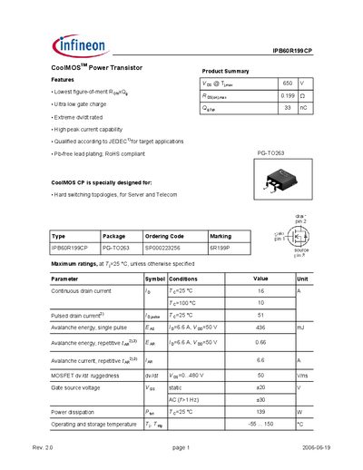 Infineon IPB60R199CP Power Transistor Datasheet - cover page