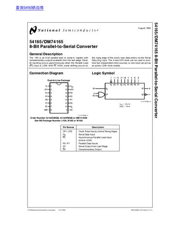 National Semiconductor 54165/DM74165 8-Bit Parallel-to-Serial Converter handbook - cover page