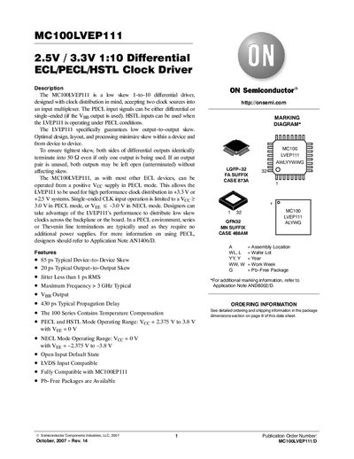 ON Semiconductor MC100LVEP111 Clock Driver Datasheet - cover page