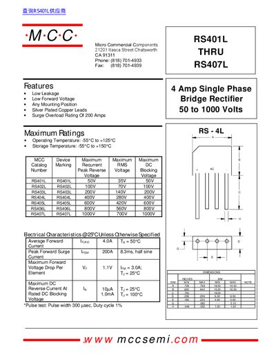 MCC RS401L to RS407L Bridge Rectifier Datasheet - cover page