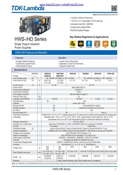 TDK-Lambda HWS-/HD Series Industrial Power Supplies Datasheet - cover page