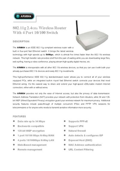 ARM904 802.11g 2.4GHz Wireless Router With 4 Port 10/100 Switch Manual - cover page
