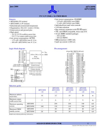 Alliance Semiconductor AS7C4098 / AS7C34098 SRAM Datasheet - cover page