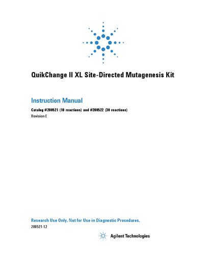 Agilent QuikChange II XL Site-Directed Mutagenesis Kit Instruction Manual - cover page