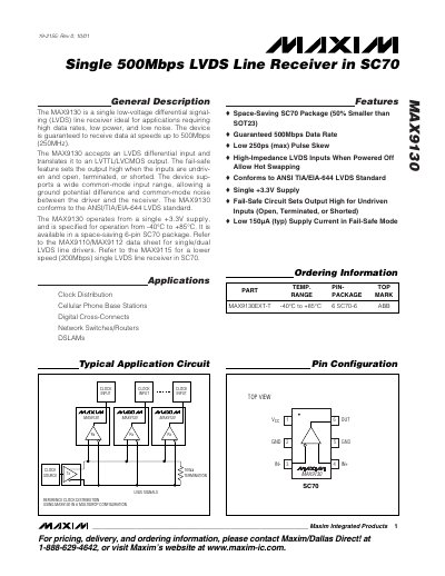 Maxim MAX9130 LVDS Line Receiver Datasheet - cover page