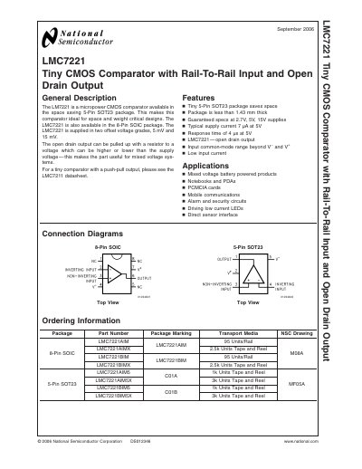 National Semiconductor LMC7221 Tiny CMOS Comparator Datasheet - cover page