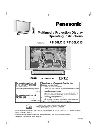 Panasonic PT-50LC13/PT-60LC13 Multimedia Projection Display Operating Instructions - cover page