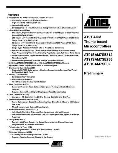 ATMEL AT91SAM7SE512 AT91SAM7SE256 AT91SAM7SE32 DATA SHEET