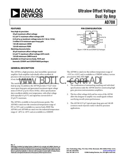 Analog Devices AD708 Dual Op Amp Datasheet - cover page