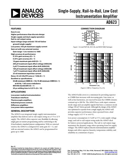 Analog Devices AD623 Instrumentation Amplifier Datasheet - cover page