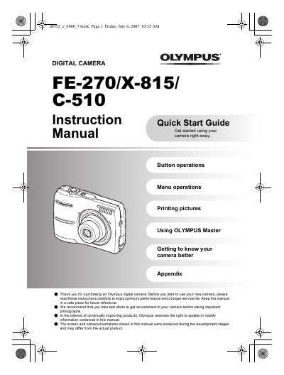Olympus FE-270/X-815/C-510 Digital Camera Instruction Quick Start Guide Manual