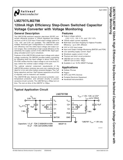 National Semiconductor LM2797/LM2798 High Efficiency Step-Down Switched Capacitor Voltage Converter Datasheet - cover page