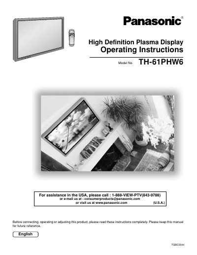 Panasonic TH-61PHW6 High Definition Plasma Display Operating Instructions - cover page