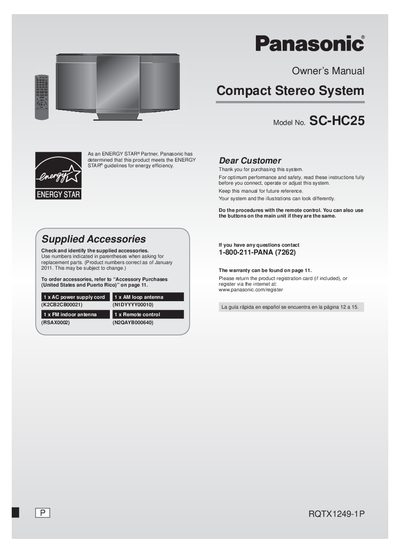 Panasonic SC-HC25 Compact Stereo System Owner's Manual - cover page
