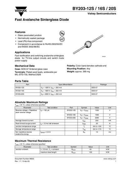 Vishay BY203-12S/16S/20S Fast Avalanche Sinterglass Diode Datasheet - cover page