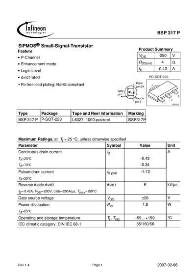 Infineon BSP 317 P SIPMOS Small‑Signal Transistor Datasheet - cover page