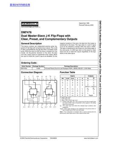 Fairchild DM7476 Dual Master-Slave J-K Flip-Flops Datasheet - cover page