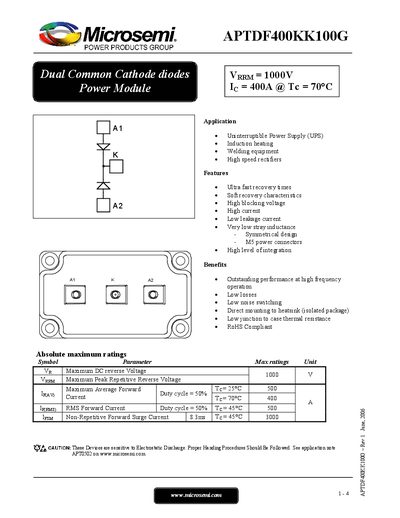 Microsemi APTDF400KK100G Handbook - cover page
