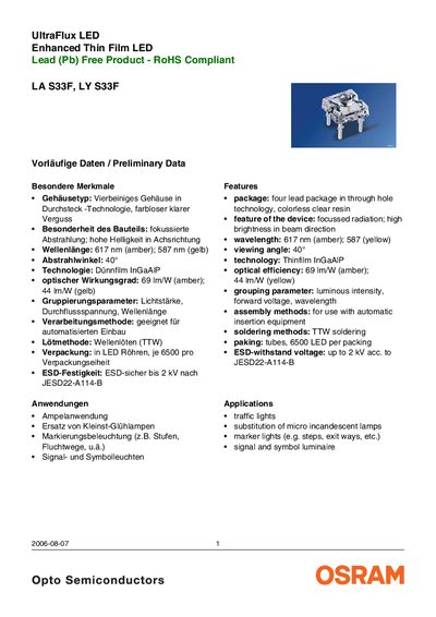 OSRAM LA S33F / LY S33F LED Datasheet - cover page