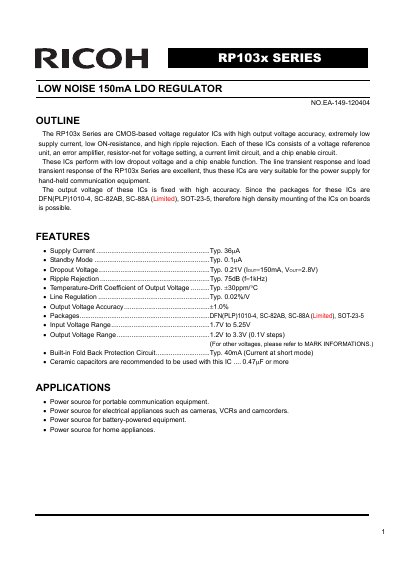 Ricoh RP103x Series Low Noise LDO Regulator Datasheet