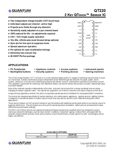 Quantum QT220 2-Key QTouch Sensor IC Handbook - cover page