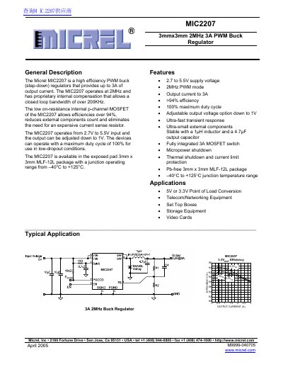 Micrel MIC2207 3mmx3mm 2MHz 3A PWM Buck Regulator Datasheet