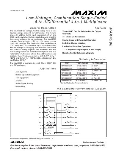 Maxim Integrated MAX4598 Low-Voltage 8-to-1/4-to-1 Multiplexer Datasheet - cover page