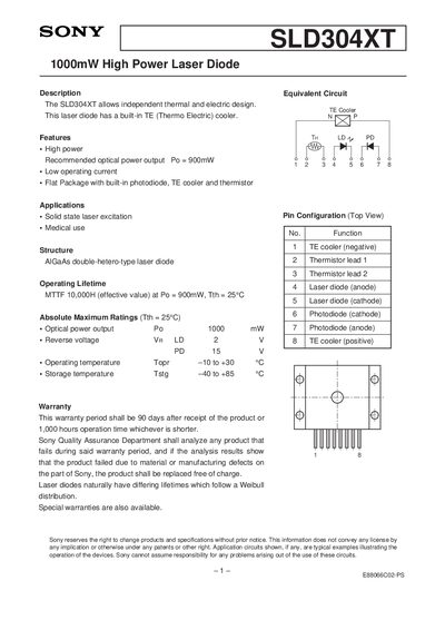 Sony SLD304XT 1000mW High Power Laser Diode Datasheet - cover page