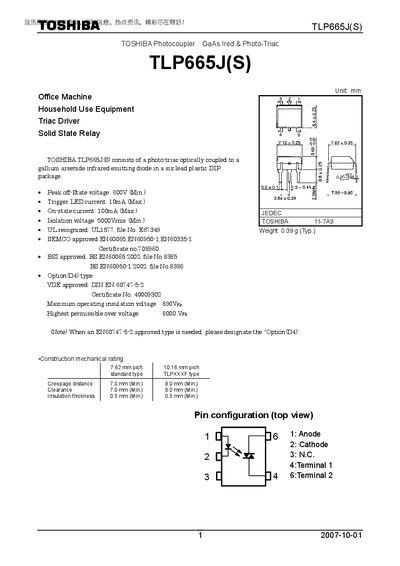 Toshiba TLP665J(S) GaAs IRED Photocoupler Datasheet - cover page