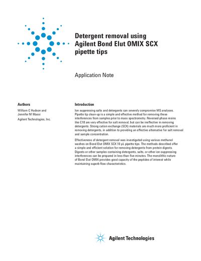 Agilent Bond Elut OMIX SCX 10 pL Pipette Tips Detergent Removal Application Note - cover page
