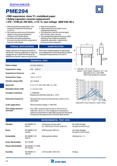 EVOX RIFA PME294 Safety Capacitor Datasheet - cover page