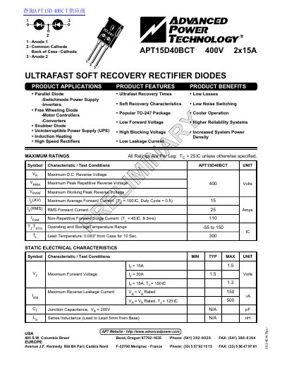 Advanced Power Technology APT15D40BCT Ultrafast Soft Recovery Rectifier Diode Datasheet - cover page