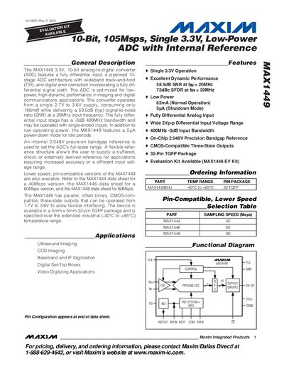 Maxim MAX1449 10-Bit 105Msps Single 3.3V Low-Power ADC with Internal Reference Datasheet - cover page