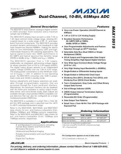Maxim MAX19515 Dual-Channel 10‑Bit 65Msps ADC Datasheet - cover page