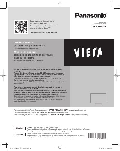 Panasonic TC-50PU54 50" Class Plasma HDTV Owner's Manual - cover page