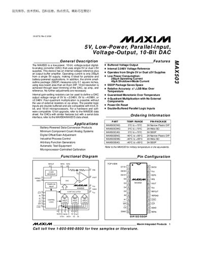 Maxim MAX503 5V Low-Power Parallel-Input Voltage-Output 10‑Bit DAC Datasheet - cover page