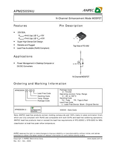 ANPEC APM2505NU N-Channel MOSFET Datasheet - cover page