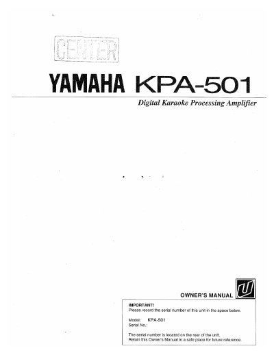 Yamaha KPA-501 Digital Karaoke Processing Amplifier Owner's Manual - cover page