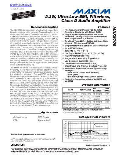 Maxim Integrated Products MAX9705 2.3W Ultra-Low-EMI Class D Audio Amplifier Data Sheet - cover page