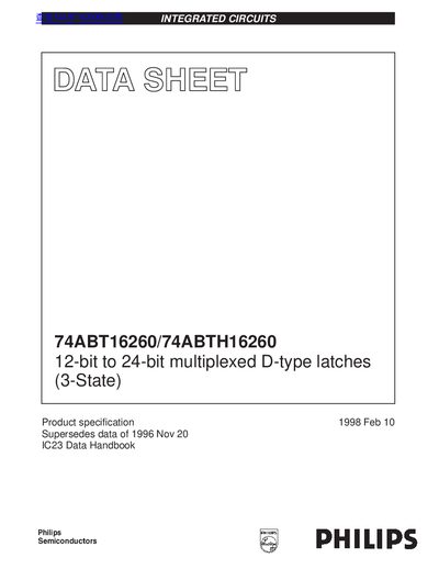 PHILIPS 74ABT16260/74ABTH16260 12-bit to 24-bit multiplexed D-type latches (3-State) handbook - cover page