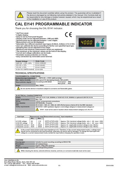 CAL EI141 Programmable Indicator User Manual - cover page