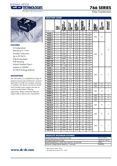 C&D Technologies 766 Series Pulse Transformers Selection Guide - cover page