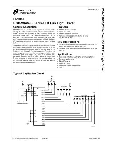 National Semiconductor LP3943 RGB/White/Blue 16-LED Fun Light Driver Datasheet - cover page