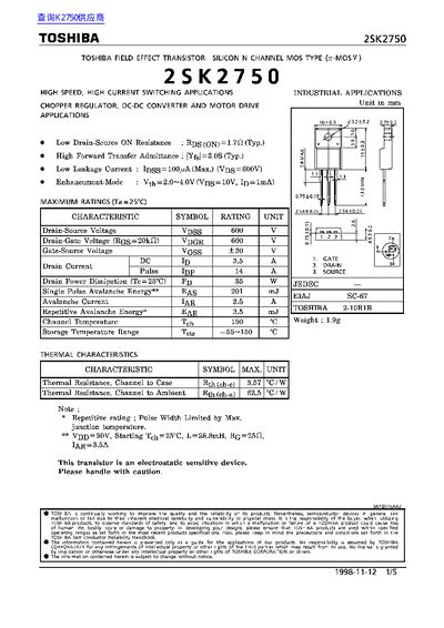 Toshiba 2SK2750 Field Effect Transistor Datasheet - cover page