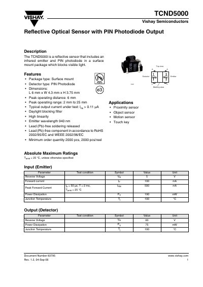 Vishay TCND5000 Reflective Optical Sensor Datasheet - cover page