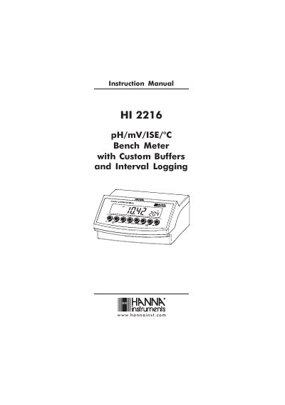 Hanna Instruments HI 2216 Bench Meter Instruction Manual - cover page
