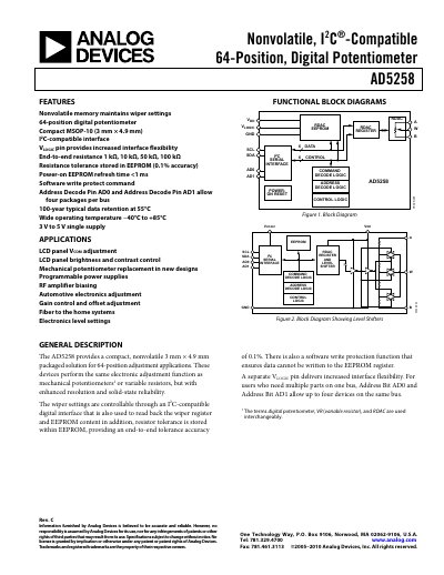 Analog Devices AD5258 Nonvolatile Digital Potentiometer Datasheet