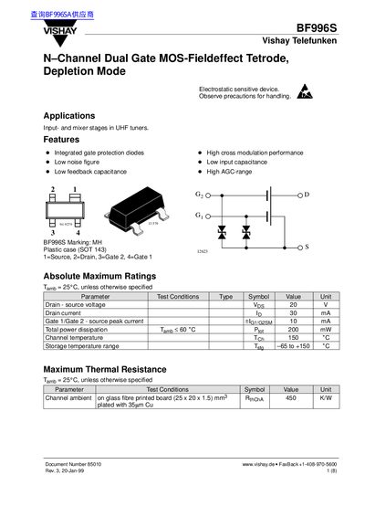 Vishay BF996S N-Channel Dual Gate MOS-FET Datasheet - cover page