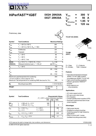 IXYS IXGH28N30A/IXGT28N30A IGBT Module Datasheet - cover page