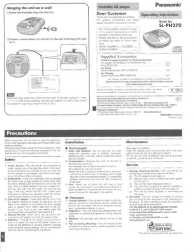 Panasonic SL-PH270 CD Player User Manual - cover page